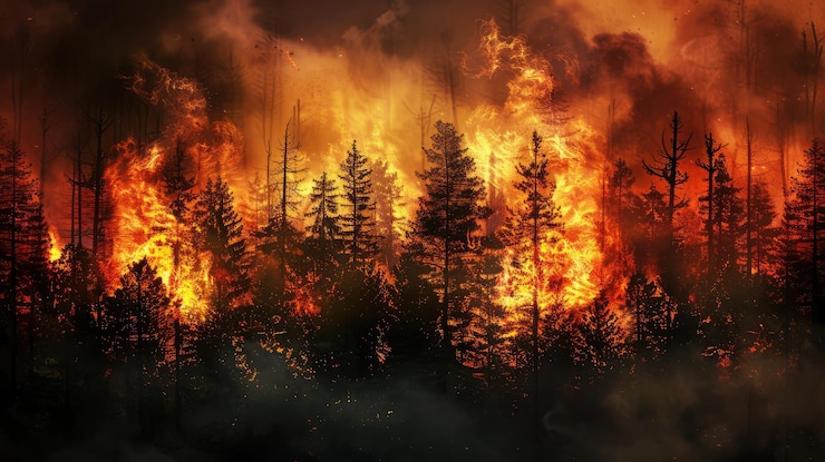 Photo a forest fire with trees burning in the background