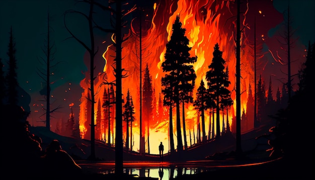 Forest fire with trees in fire Generative AI