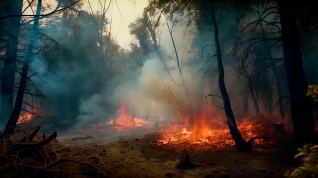 Forest fire with trees in fire Generative AI