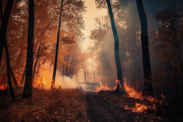 Forest fire with trees on fire photo generative ai