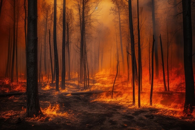 Forest fire with trees on fire photo generative ai