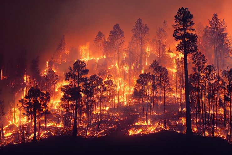 Photo forest fires flames all in smoke and fire huge burnt areas