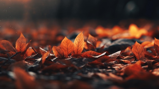 The forest floor covered with orange and red leaves providing a macro view Generative AI