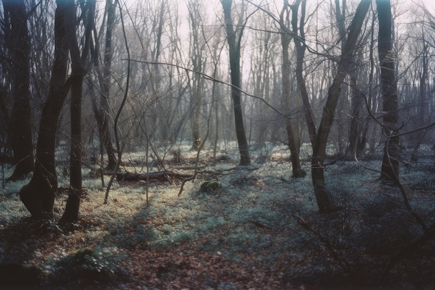 The forest floor is covered in grass and has a lot of leaves.