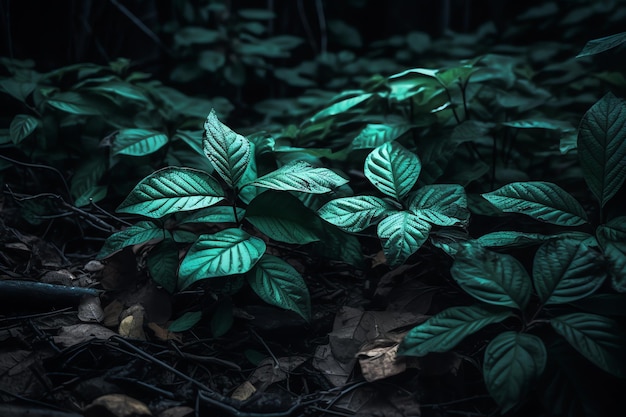 A forest floor with green leaves and a dark background