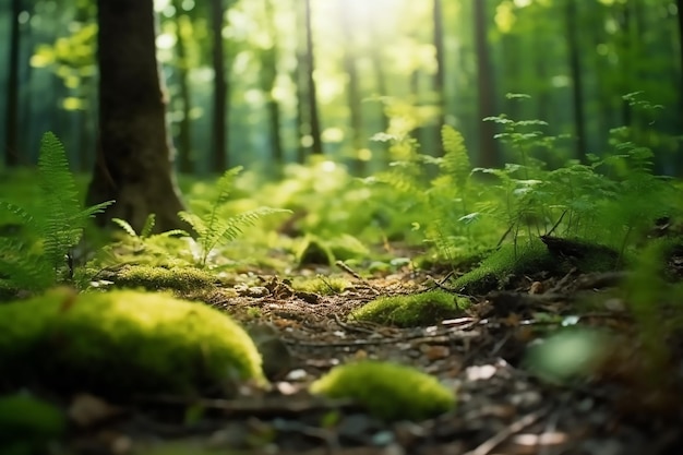 Forest floor with green plants and a tree with the sun shining on it