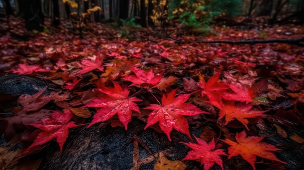 A forest floor with red leaves and a tree stump in the background