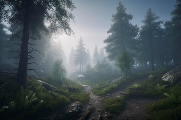 Лес в тумане Пейзаж Генеративный AI