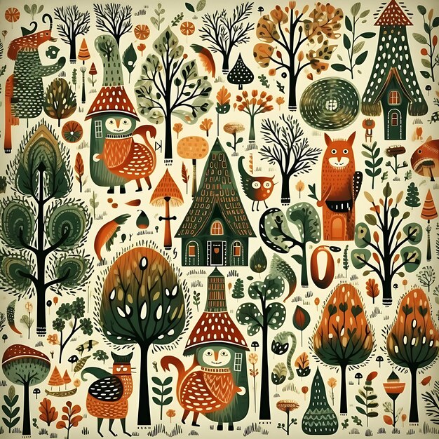 Photo forest folk art pattern