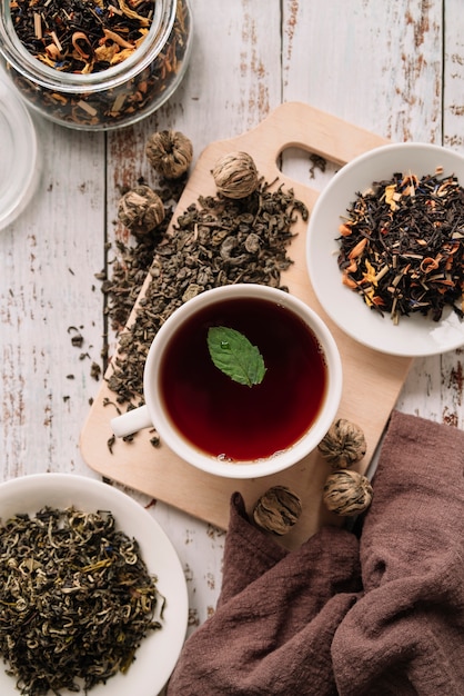 Forest fruit tea with leaf top view