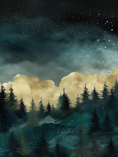 forest full moon sky illustration gloomy lights evening evergreen valley banner falling stars