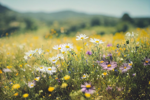 Forest glade with beautiful flowers of white and pink daisies on sunny day