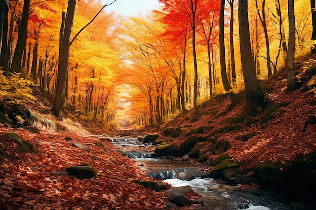 A forest glen covered in colorful leaves