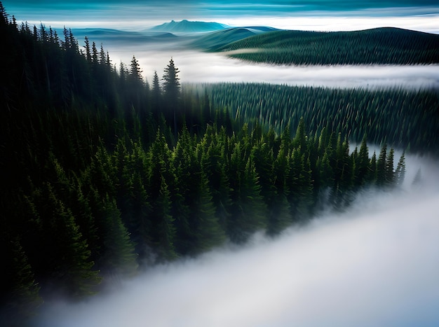 Взгляд на лес сверху, окруженный туманом с эффектом 3D и теней, усиленным цветовой палитрой Pantone Generative AI Generated
