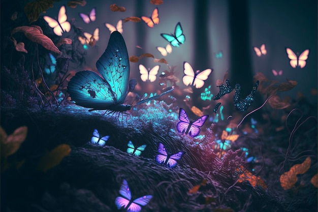 Forest, glowing colorful butterflies, light fog