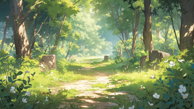 写真 森の緑のアニメスタイルの背景の壁紙