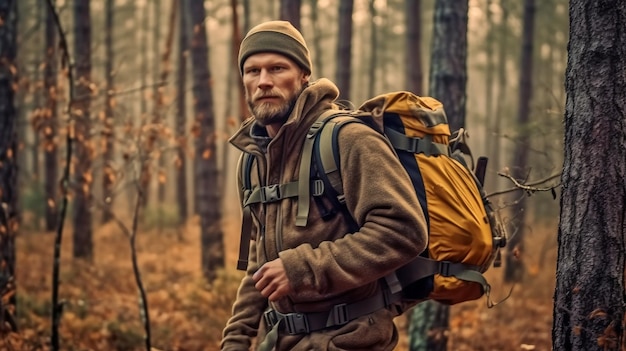 Photo forest hunter carrying a gun and a rucksack generative ai