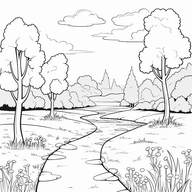 Forest illustration with mountains kids coloring book