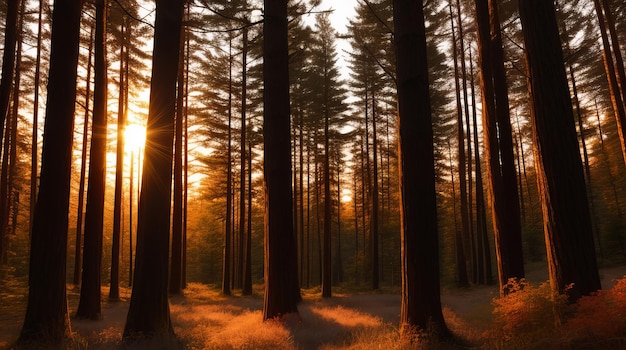 The forest is filled with the gentle rustling of leaves and the soft soothing colors of sunset