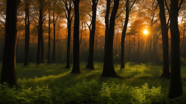 The forest is filled with the gentle rustling of leaves and the soft soothing colors of sunset