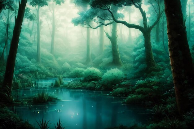 The forest is a forest that is surrounded by water and the sky is green