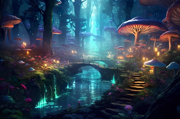 The forest is lit up with mushrooms and flowers in the style of realistic fantasy artwork fantastical street dark emerald and light cyan AI Generative