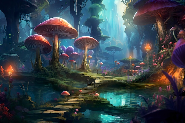 the forest is lit up with mushrooms and flowers in the style of realistic fantasy artwork fantastical street dark emerald and light cyan AI Generative