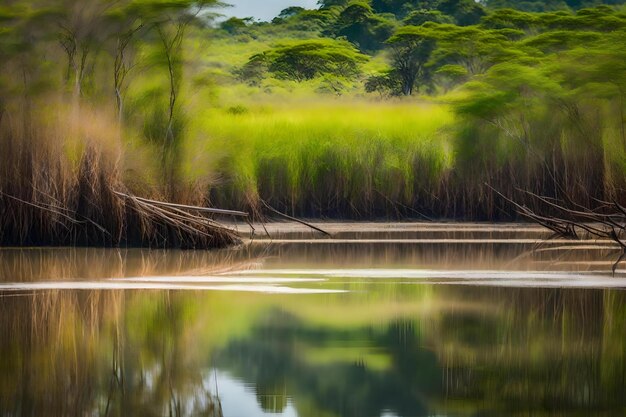 Photo a forest is reflected in the water.