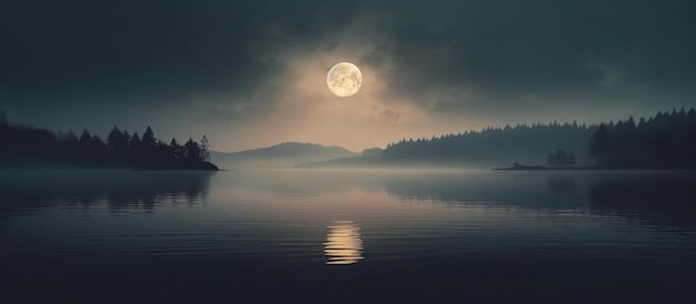 Foto montagne del lago della foresta e una grande luna notturna