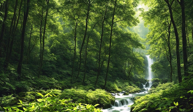 Forest landscape Mysterious green forest Impressive nature background Generative AI