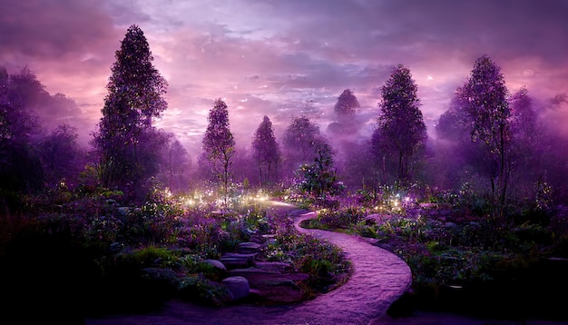 Forest landscape in purple tones with trees bushes and a stone path at night 3d illustration