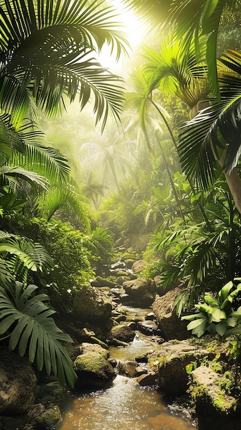 Photo forest landscape with sunshine and stream