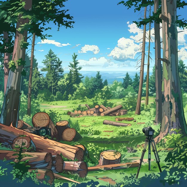 Forest landscape with tree trunks and a camera