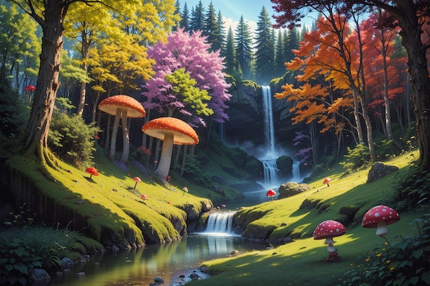 A forest landscape with a waterfall and a red mushroom