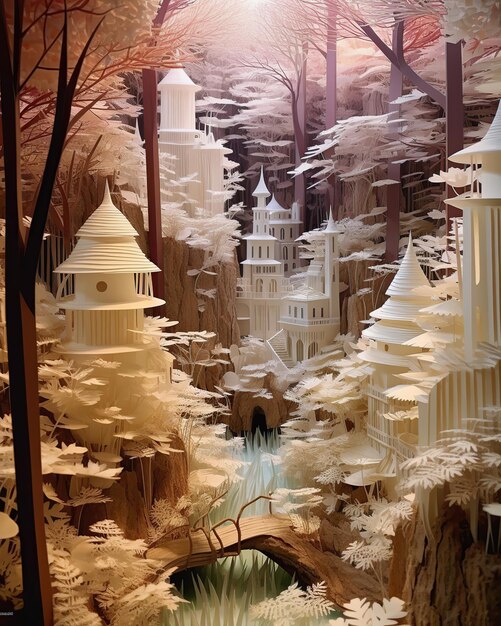 Forest made entirely out of layered paper