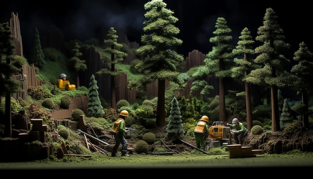 forest maintenance diorama magazine cover plasticine dark background