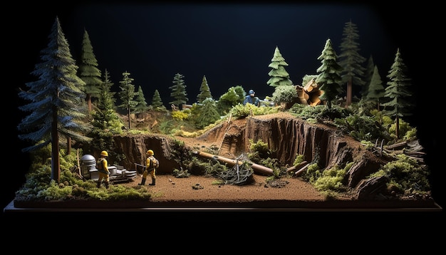 forest maintenance diorama magazine cover plasticine dark background