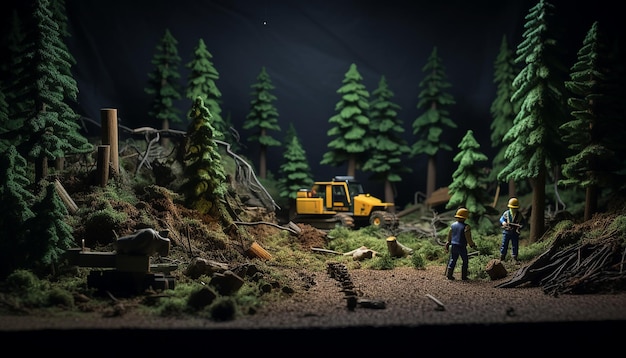 forest maintenance diorama magazine cover plasticine dark background