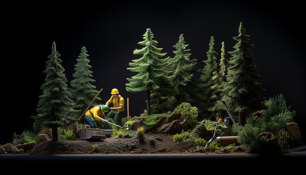 forest maintenance diorama magazine cover plasticine dark background