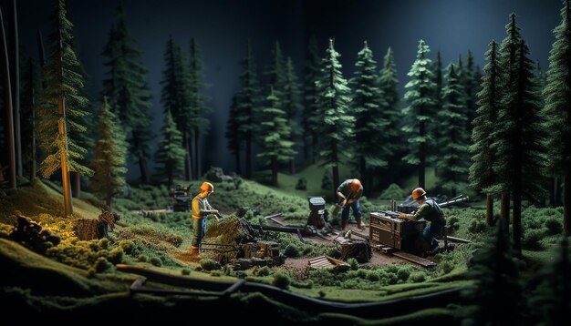 forest maintenance diorama magazine cover plasticine dark background