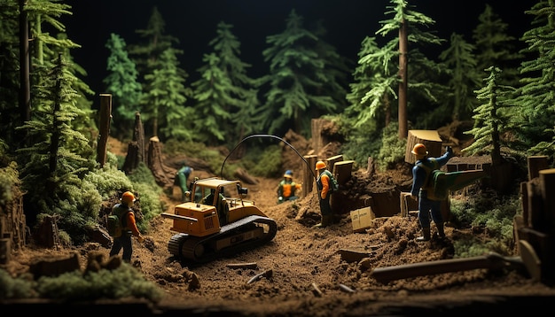 forest maintenance diorama magazine cover plasticine dark background