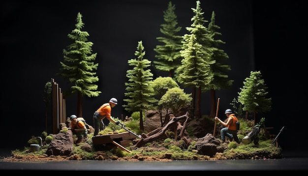 forest maintenance diorama magazine cover plasticine dark background