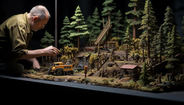 Photo forest maintenance diorama magazine cover plasticine dark background