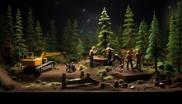 forest maintenance diorama magazine cover plasticine dark background