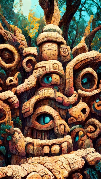 숲 마야 고대 문화 아즈텍과 잉카 문명 3D 그림