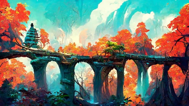 Forest Maya-stijl avonturen brug 3D illustratie