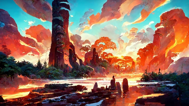 Forest Mayan style adventures Sunset 3D illustration