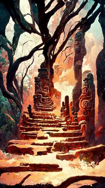 Forest Mayan style ancient culture 3D illustration