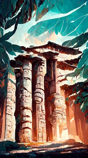 森のマヤ様式の古代ギリシャの寺院の 3 D イラストレーション