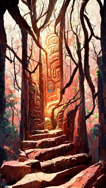 Forest Mayan style door background 3D illustration